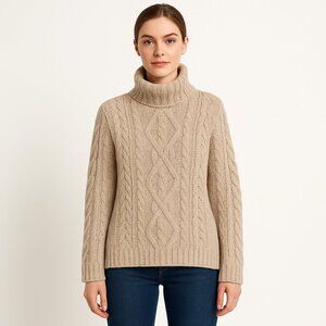 Inis Crafts Ireland Beige Cable Knit Turtleneck Sweater 100% Merino Wool Women S